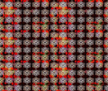 Çok renkli, zarif küçük çiçekler ve siyah renkli komik böcekler, raster desen, illüstrasyon..