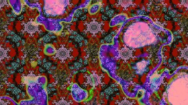 Çocuksu tasarım. Kahverengi ve kırmızı arka planda. Tekstil, kumaş, ambalaj, hatıra defteri için hoş bir çiçek arkaplanı. Elle çizilmiş karalama çiçekleri ile Raster çizim deseni.