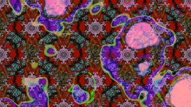 Çocuksu tasarım. Kahverengi ve kırmızı arka planda. Tekstil, kumaş, ambalaj, hatıra defteri için hoş bir çiçek arkaplanı. Elle çizilmiş karalama çiçekleri ile Raster çizim deseni.