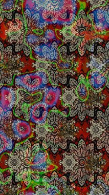 Parlak renkli çiçekleri ve gri ve kahverengi renkte yaprakları olan harika bir çiçek deseni. Moda baskıları için zarif bir şablon. Modern çiçek arkaplanı. Halk stili.