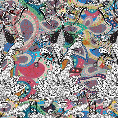 Düz Çiçek Elementleri Tasarımı. Çiçeksel fantezi tasarımı, parlak bir arka planda, kusursuz bir desen. Renkli Bahar Teması Kusursuz Arkaplan.