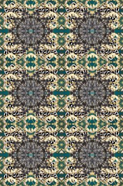 Süslü dekorasyon. Gri, bej ve nötr renklerde kusursuz desenli altın rengi bir çiçek deseni. Raster illüstrasyonu.