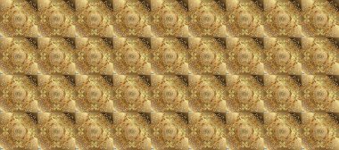 Altın antika ortaçağ dekoratifi, yapraklar ve bej, kahverengi ve nötr renklerde altın desenli süslemeleri olan pürüzsüz bir desen. Kusursuz kraliyet lüksü, altın barok kumaş rengi..