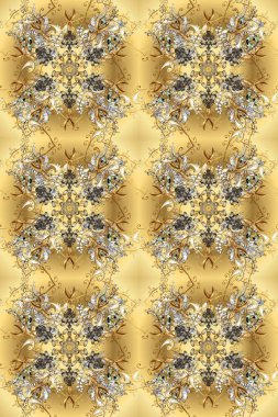 Bej, sarı ve kahverengi renklerde altın. Dekoratif simetri arabesk. Doğum günü kartı, davetiye ya da afiş için iyidir. Kusursuz ortaçağ çiçek deseni. Raster illüstrasyonu.