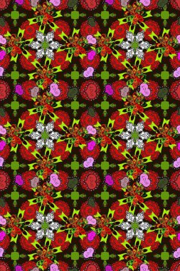 Düz Çiçek Elementleri Tasarımı. Raster kusursuz. Güzel kumaş deseni. Çiçek deseni. Renkli Bahar Teması Kusursuz Arkaplan.