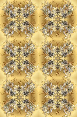 Bej, sarı ve kahverengi renklerde altın. Dekoratif simetri arabesk. Doğum günü kartı, davetiye ya da afiş için iyidir. Kusursuz ortaçağ çiçek deseni. Raster illüstrasyonu.