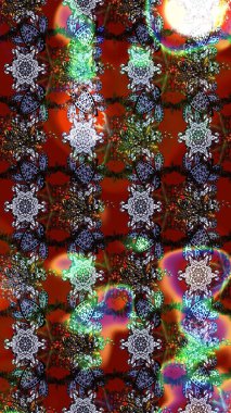 Kumaş desenli papatya çiçeği detayı. Kahverengi ve kırmızı renkte çiçekler.