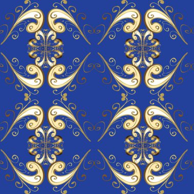 Güzel renklerde ve altın elementlerle kusursuz desen. Kusursuz altın desenli bukleler. Parlak dantel, stilize çiçekler, şal desenli. Raster illüstrasyonu. Doğu tarzı arabesk. Zarif altın deseni aç