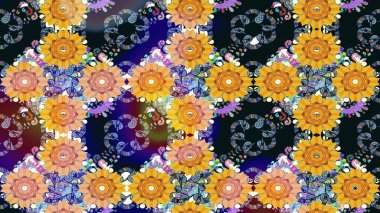 Düz Çiçek Elementleri Tasarımı. Raster illüstrasyonu. Güzel kumaş deseni. Zentangle soyut çiçekleri. Renkli Bahar Teması eskiz kalıbı. Çiçek tozu..
