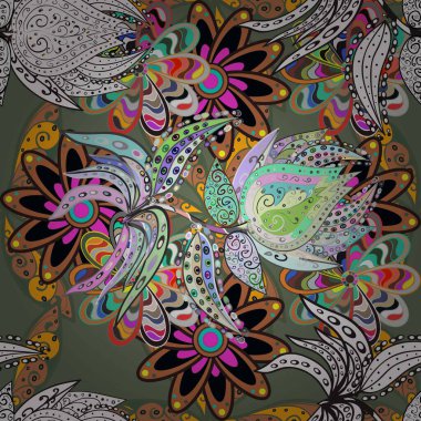 Çiçekler. Soyut etnik raster kusursuz desen. Vadinin çiçekleri yeşil ve gri renklerde.