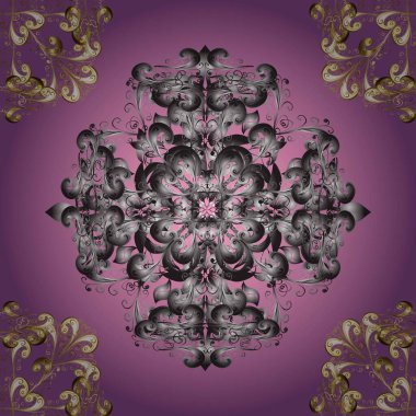 Gri ve mor renklerde altın desenli altın elementler. Süslü dekorasyon. Lüks, kraliyet ve Viktorya dönemi konsepti. Raster klasik barok çiçeksiz altın desenli..