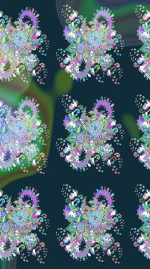 Mavi ve yeşil renkli çiçekler. El çizimi çiçekli soyut çizim kalıbı. Raster illüstrasyonu.