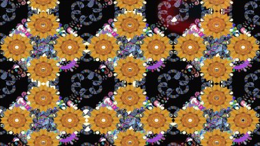 Düz Çiçek Elementleri Tasarımı. Çiçekli çizim şekli. Siyah renkli çiçekler. Renkli Bahar Teması çizim şablonu.