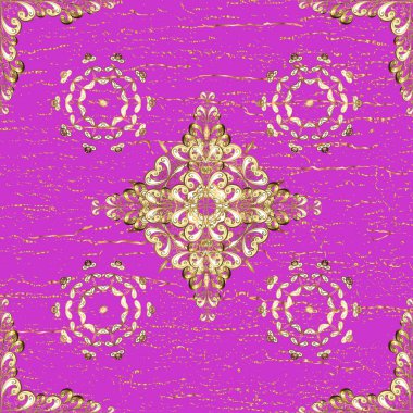 Güzel renklerde ve altın elementlerle kusursuz desen. Doğu tarzı arabesk. Hassas altın deseni açın. Raster illüstrasyonu. Parlak dantel, stilize çiçekler, şal desenli. Kusursuz altın dokular bukleler