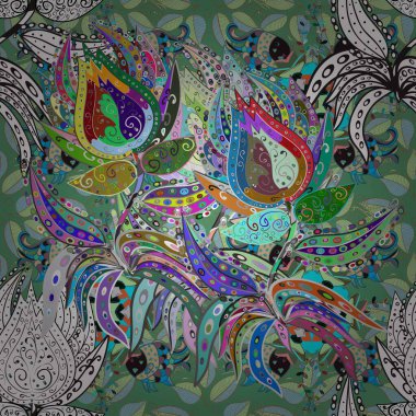 Raster Floral Illustration, Asyalı tekstil. Gri ve yeşil renklerde etnik çiçeklerle kusursuz bir desen..