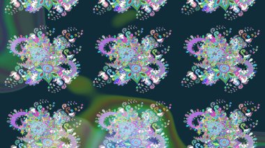 Raster illüstrasyonu. El çizimi çiçekli soyut çizim kalıbı. Mavi ve yeşil renkte çiçekler.