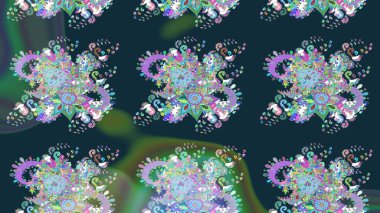 Raster illüstrasyonu. El çizimi çiçekli soyut çizim kalıbı. Mavi ve yeşil renkte çiçekler.