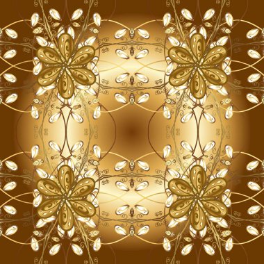 Parlak dantel, stilize çiçekler, şal desenli. Kusursuz altın desenli bukleler. Raster illüstrasyonu. Hassas altın deseni açın. Güzel renklerde ve altın elementlerle kusursuz desen. Doğu tarzı arabesk