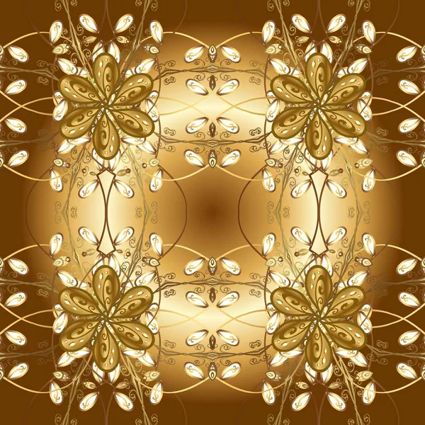 Parlak dantel, stilize çiçekler, şal desenli. Kusursuz altın desenli bukleler. Raster illüstrasyonu. Hassas altın deseni açın. Güzel renklerde ve altın elementlerle kusursuz desen. Doğu tarzı arabesk