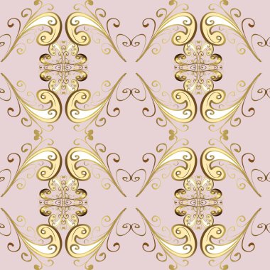 Hassas altın deseni açın. Kusursuz altın desenli bukleler. Raster illüstrasyonu. Güzel renklerde ve altın elementlerle kusursuz desen. Parlak dantel, stilize çiçekler, şal desenli. Doğu tarzı arabesk