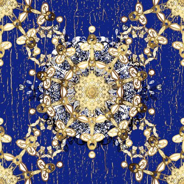 Süslü dekorasyon. Lüks, kraliyet ve Viktorya dönemi konsepti. Beyaz ve mavi renklerde altın element. Beyaz ve mavi yerine altın rengi klasik barok çiçekli desenler..