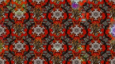 Moda baskıları için zarif bir şablon. Modern çiçek arkaplanı. Halk tarzı. Parlak renkli çiçekleri olan ve kahverengi ve kırmızı renkte yaprakları olan inanılmaz bir çiçek deseni..