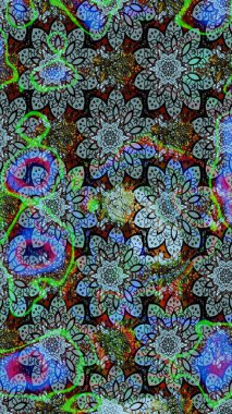 El çizimi çiçek çizimi deseni (fayans). Tekstil için suluboya eskiz deseni. Şirin çiçekleri, desenleri, mavi ve yeşil renkleri olan renkli çizim deseni.