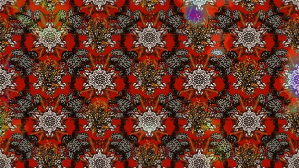 Moda baskıları için zarif bir şablon. Modern çiçek arkaplanı. Halk tarzı. Parlak renkli çiçekleri olan ve kahverengi ve kırmızı renkte yaprakları olan inanılmaz bir çiçek deseni..