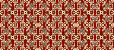 Kırmızı ve bej renklerde altın elementlerle kusursuz klasik desen. Kırmızı ve bej renklerde altın rengi ve altın elementler. Noel, kar tanesi, yeni yıl.