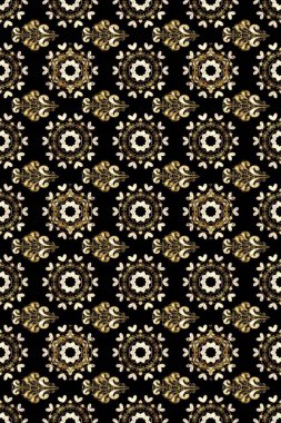 İslam tasarımı. Raster altın tekstil baskısı. Altın elementlerle siyah, bej ve kahverengi renklerde altın desen. Çiçek kiremitleri. Desensel oryantal süs.