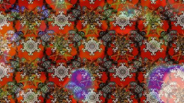 Kahverengi ve kırmızı renklere karalamalar çizilmiş çiçek deseni. Raster illüstrasyonu.