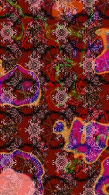 Raster Modaya uygun kumaş deseni. Renkli Bahar Teması eskiz kalıbı. Kahverengi ve kırmızı renkli şirin çiçek desenleri. Düz Çiçek Elementleri Tasarımı.