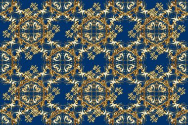 Raster oryantal süs. Altın elementlerle mavi, kahverengi ve sarı renklerde kusursuz desen. Kusursuz altın desen.