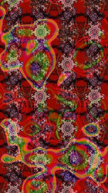 Ağaç dallı bahar çiçekleriyle desen, kırmızı, kahverengi ve siyah renkler ve çiçek silueti. Raster deseni.