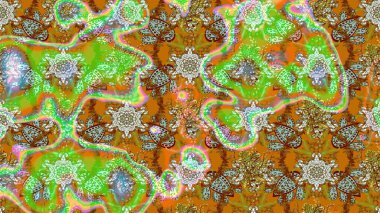 Raster Çiçek İllüstrasyonu 'nun şirin tekstili. Yeşil ve kahverengi renkli etnik çiçeklerle zarif eskiz deseni.