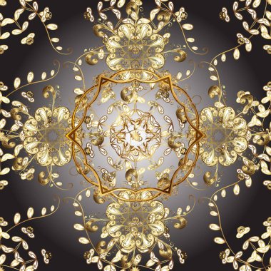 Altın karalama fantezi yapraklarından Raster soyut çiçek çelengi ve gri ve kahverengi renkte çiçek. El yapımı dekoratif çerçeve, albüm kapağı, tebrik kartı, klasik Art deco tarzı.