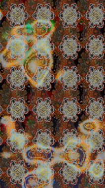 Raster illüstrasyonu. Asya tekstil tarzında. Çiçek desenli çizim. Raster illüstrasyonu. Kahverengi ve gri renkte çiçekler.