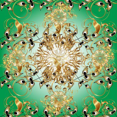 Yeşil ve nötr renklerde altın elementlerle kusursuz desen. Klasik raster sarısı, kusursuz desen. Geleneksel oryantasyon süsü. Klasik vintage arkaplan.