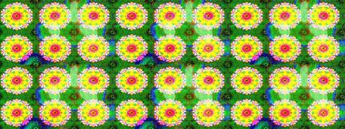 Raster illüstrasyonu. Yeşil ve sarı renkli çiçekler. Şatafatlı bahar bahçesi dokusu. Çiçek deseni. Yeşil ve sarı renkte çiçek çizimi.