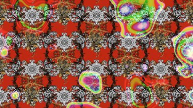 Parlak renkli çiçekleri ve gri ve kırmızı renkte yaprakları olan harika bir çiçek deseni. Moda baskıları için zarif bir şablon. Modern çiçek arkaplanı. Halk stili.