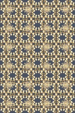 Kusursuz raster arka plan. Şık bir grafik desen. Çiçek deseni. Bej, mavi ve kahverengi renklerde altın elementler. Duvar kâğıdı barok, İspanyol kumaşı.