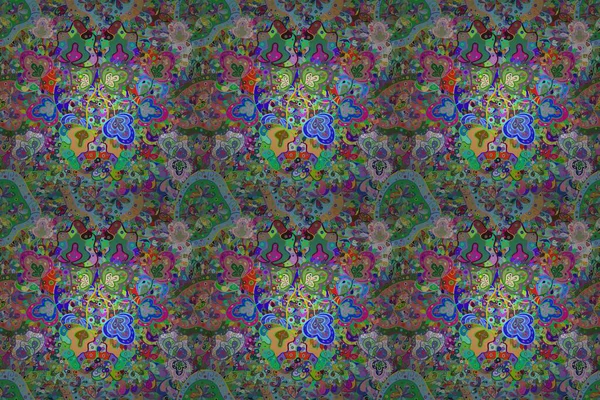 Renkli Bahar Temalı Kusursuz Arkaplan. Mavi ve yeşil renkli çiçekler. Çiçekli, suluboya desenli kusursuz çiçek deseni. Raster illüstrasyonu. Düz Çiçek Elementleri Tasarımı.