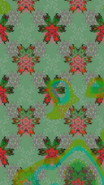 Renkli Yaz Temalı eskiz kalıbı. Yeşil renkli çiçekler. Düz Çiçek Elementleri Tasarımı. Sevimli çiçek raster deseni.