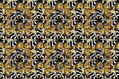 Damask kusursuz yinelenen arkaplan. Altın element siyah, gri ve kahverengi renklerde. Barok tarzında altın çiçekli süs. Doku arkaplanı üzerine altın duvar kağıdı.