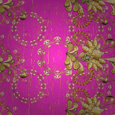 Mor ve kahverengi renklerde altın elementlerle desen. Küçük bir alan derinliği. Klasik mobilya tarzı. Kusursuz ahşap oyma. Lüks mobilyalar. Altın kaplamalı Magenta ve kahverengi arkaplan.