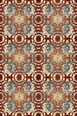 Damask arkaplanı tekerrür ediyor. Antika altın tekrarlanabilir duvar kağıdı. Kahverengi, bej ve gri renklerde altın element. Barok tarzında altın çiçek süsü..