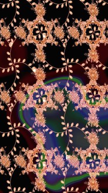 Çok renkli, kahverengi ve bej renkli küçük çiçekler ve siyah, kahverengi ve bej renkli komik böcekler, raster desen, illüstrasyon.