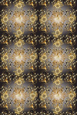 Gri ve kahverengi renklerde altın elementlerle kusursuz desen. Hassas altın deseni açın. Raster. Doğu tarzı arabesk. Kusursuz altın desenli bukleler. Parlak dantel, çiçekler, şal desenli.