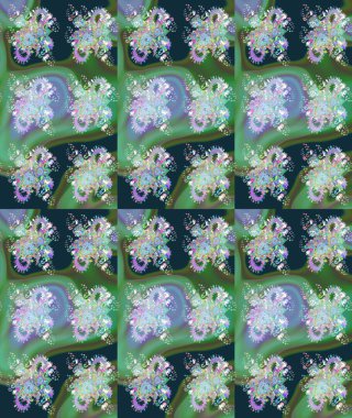 Çiçek yeşili ve mavi çizim deseni. Klasik taslak çizimi. Raster çiçek izi. Raster Yumuşak kumaş deseni.