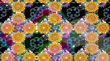 Çiçek ve yapraklı karalama şeklinde Raster çiçek deseni. Sarı ve mavi renklerde bahar çiçekleri. Raster illüstrasyonu.